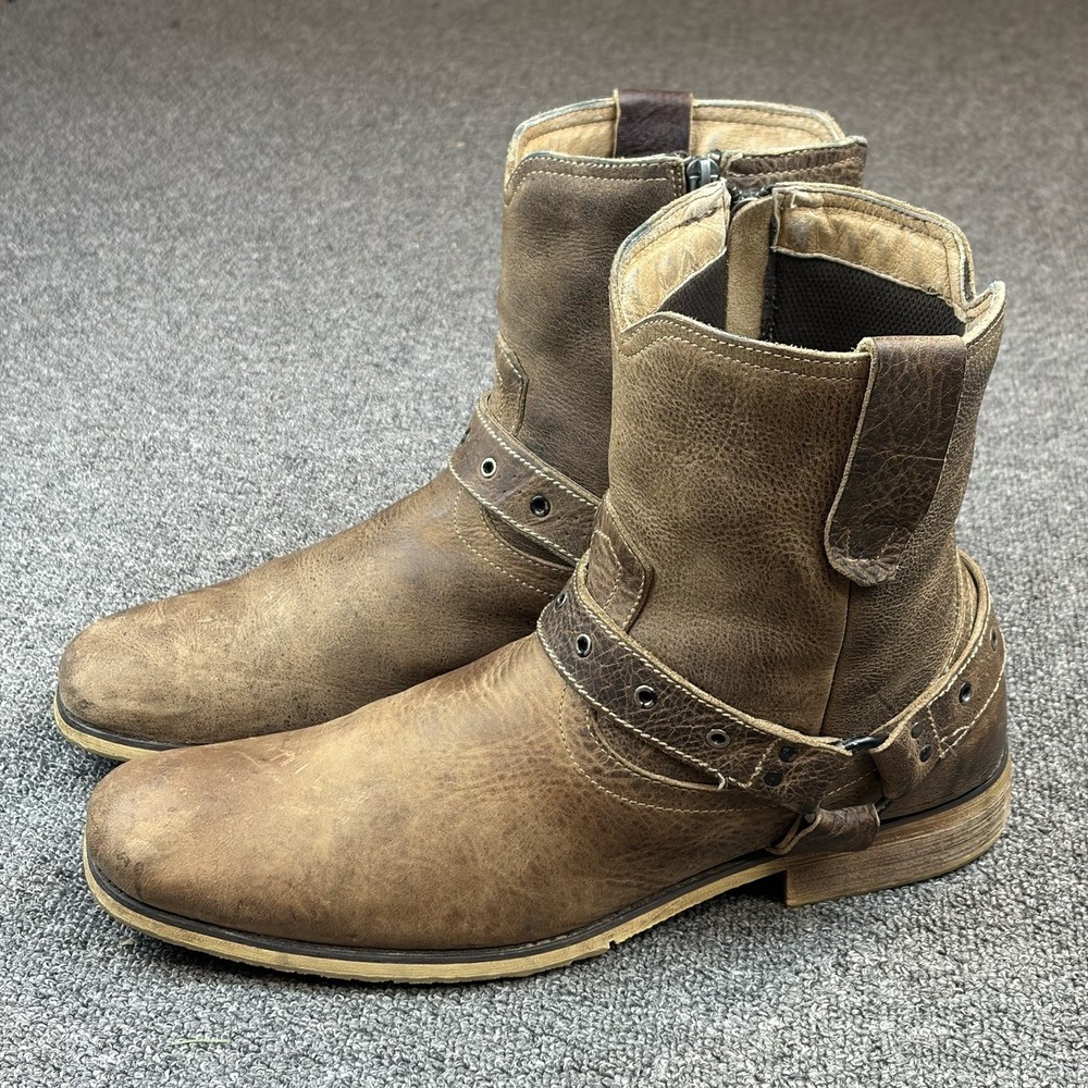 Bed Stu Men's Distressed Leather Harness Ankle Boots Brown Size 12 Biker Moto